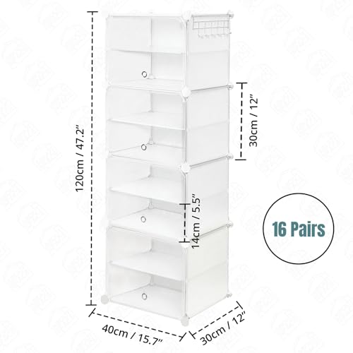 ABOUT SPACE Shoe Rack for Home with Door - 16 Pair DIY Slipper Stand with Hanger, 4 Cube Expandable Shelves Closed Shoes Rack for Home Men, Women Heels Boots Flip-Flops (White - L40 X B30 x H120 cm) - Image 2