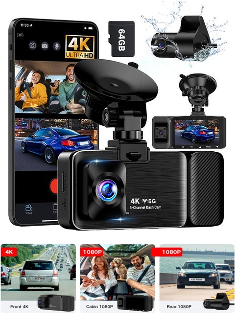 3 Channel 4K Dash Cam Front and Rear Inside 3840*2160P , 5G WiFi Dash Cam, APP Control, Car Camera Night Vision, 3" IPS Screen, G-Sensor, 24H Parking Mode, Loop Recording, 64GB SD Card Included