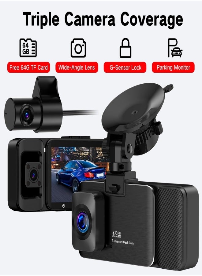 Jubilin 3 Channel 4K Dash Cam Front and Rear Inside 3840*2160P , 5G WiFi Dash Cam, APP Control, Car Camera Night Vision, 3" IPS Screen, G-Sensor, 24H Parking Mode, Loop Recording, 64GB SD Card Included  - Image 2