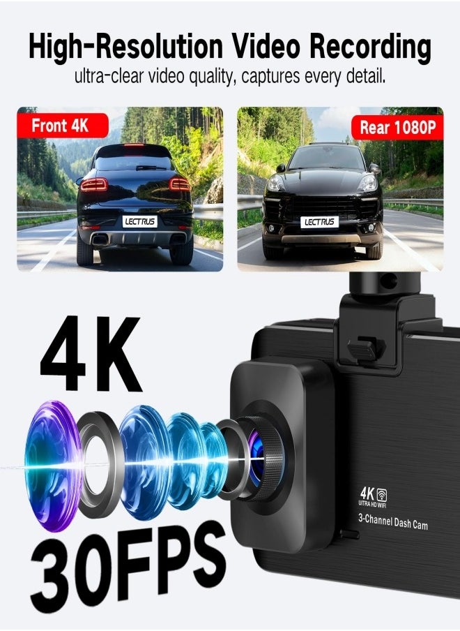 Jubilin 3 Channel 4K Dash Cam Front and Rear Inside 3840*2160P , 5G WiFi Dash Cam, APP Control, Car Camera Night Vision, 3" IPS Screen, G-Sensor, 24H Parking Mode, Loop Recording, 64GB SD Card Included  - Image 3