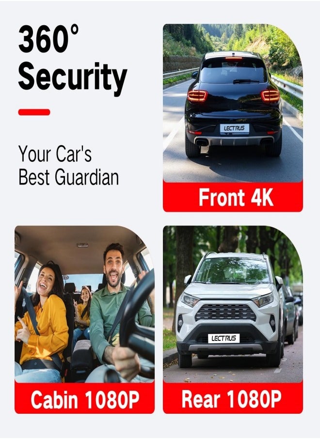 Jubilin 3 Channel 4K Dash Cam Front and Rear Inside 3840*2160P , 5G WiFi Dash Cam, APP Control, Car Camera Night Vision, 3" IPS Screen, G-Sensor, 24H Parking Mode, Loop Recording, 64GB SD Card Included  - Image 5