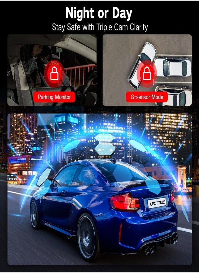 3 Channel 4K Dash Cam Front and Rear Inside 3840*2160P , 5G WiFi Dash Cam, APP Control, Car Camera Night Vision, 3" IPS Screen, G-Sensor, 24H Parking Mode, Loop Recording, 64GB SD Card Included