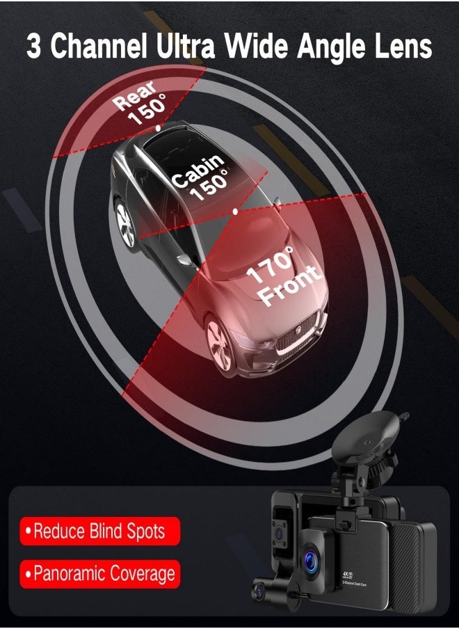 3 Channel 4K Dash Cam Front and Rear Inside 3840*2160P , 5G WiFi Dash Cam, APP Control, Car Camera Night Vision, 3" IPS Screen, G-Sensor, 24H Parking Mode, Loop Recording, 64GB SD Card Included