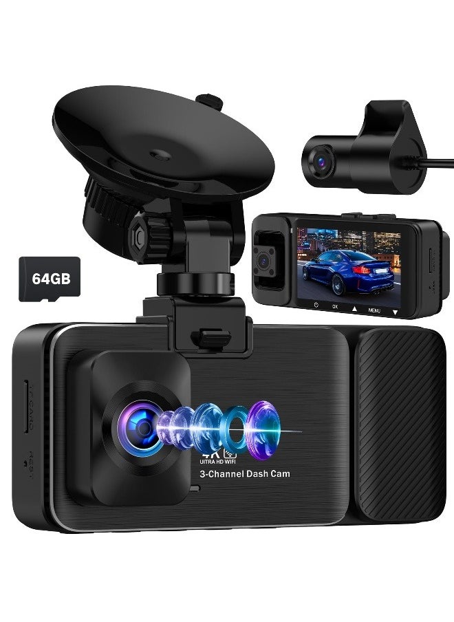 3 Channel 4K Dash Cam Front and Rear Inside 3840*2160P , 5G WiFi Dash Cam, APP Control, Car Camera Night Vision, 3" IPS Screen, G-Sensor, 24H Parking Mode, Loop Recording, 64GB SD Card Included