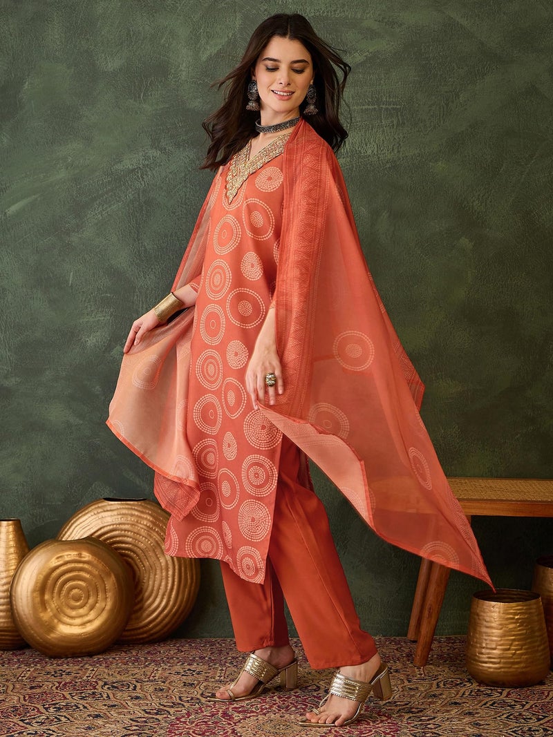 Naixa Women's Rayon Embroidered Straight Kurta with Pant and Dupatta Sets (NX-732-Orange-M) - Image 3