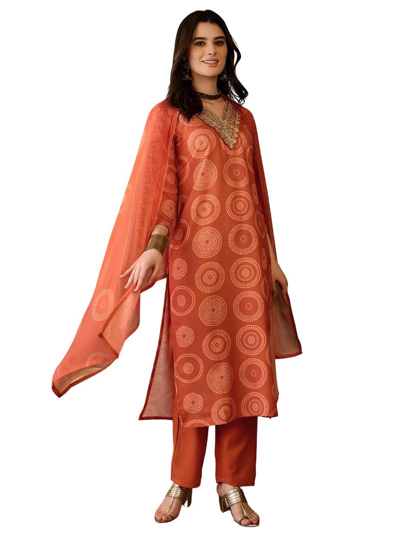 Naixa Women's Rayon Embroidered Straight Kurta with Pant and Dupatta Sets (NX-732-Orange-M) - Image 1