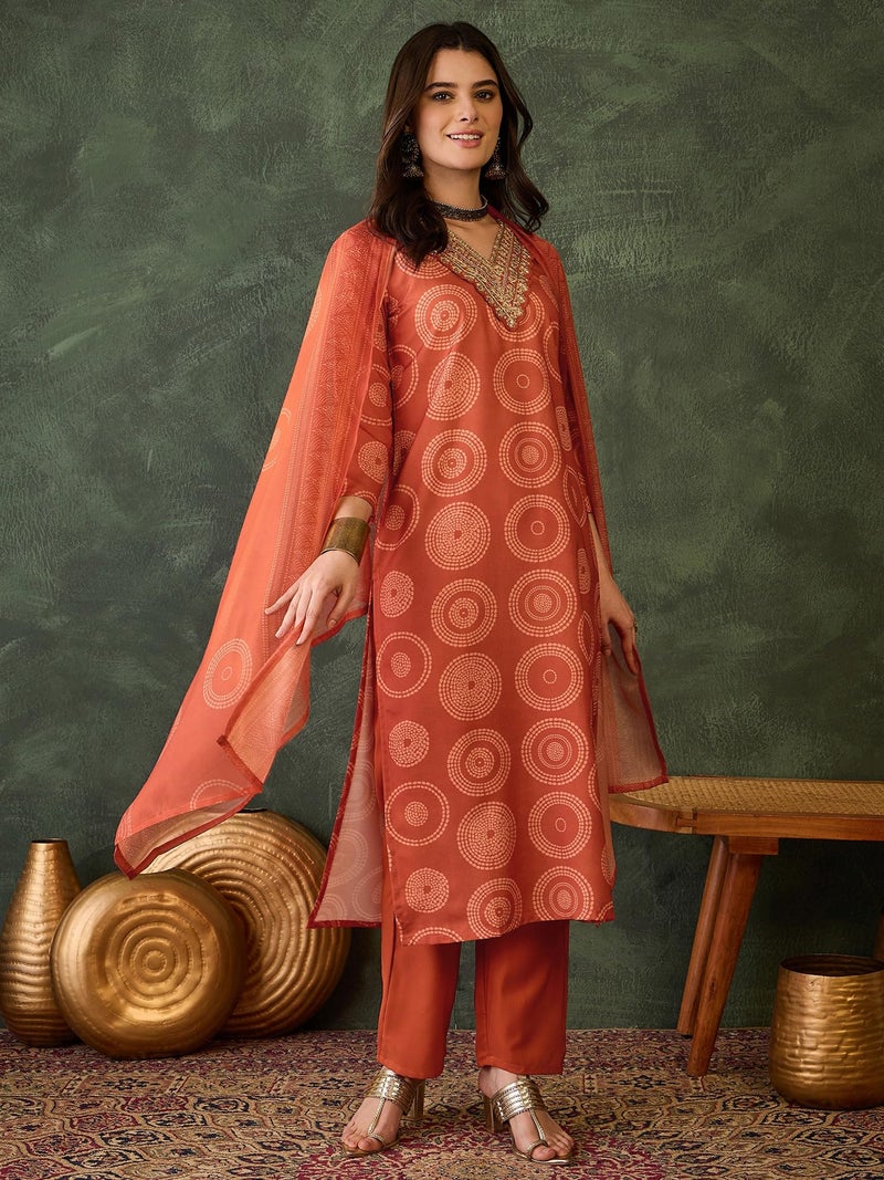 Naixa Women's Rayon Embroidered Straight Kurta with Pant and Dupatta Sets (NX-732-Orange-M) - Image 2