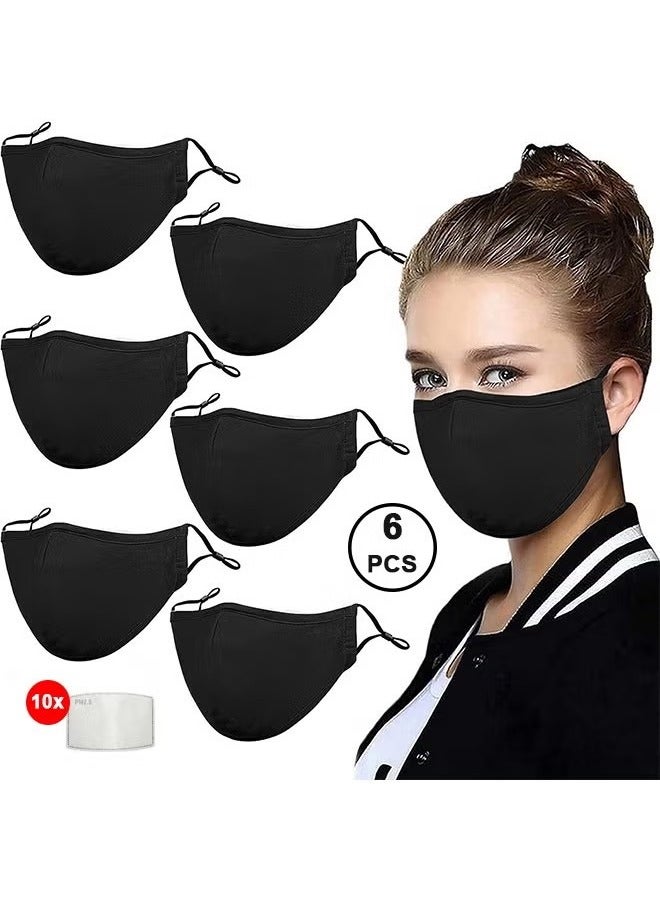 6 Pcs 3-Ply Cloth Face Mask, Washable, Cloth Face Protection with 10Pcs Filter Chips, Reusable and Breathable Face Covering with Adjustable Ear Protection Loops women/men, Black - Image 1