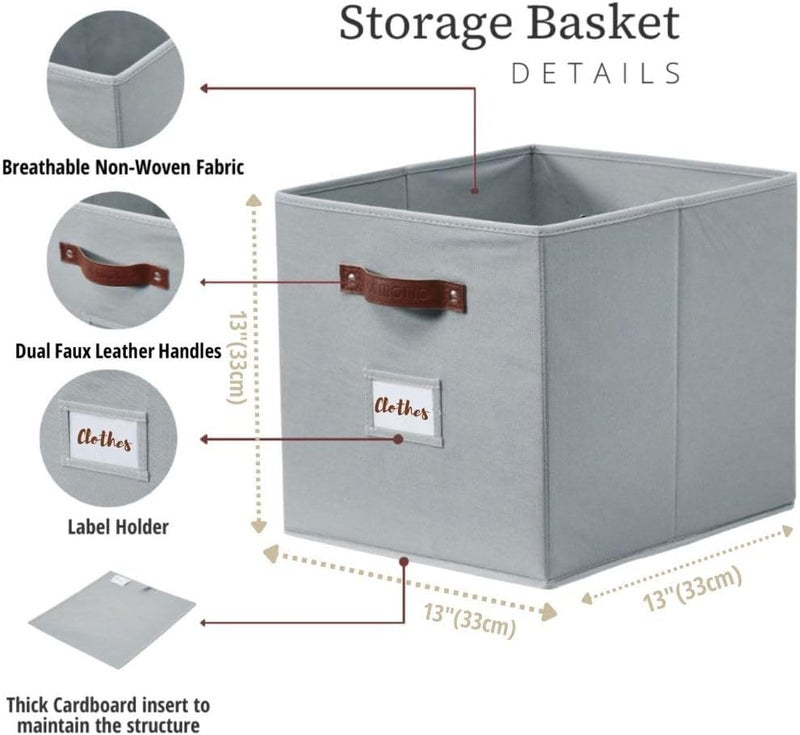 DECOMOMO Fabric Storage Cubes, Storage Bins with Labels, Baskets for Shelves Kallax Closet Toy (Cube 13" / 6pcs, Grey) - Image 3