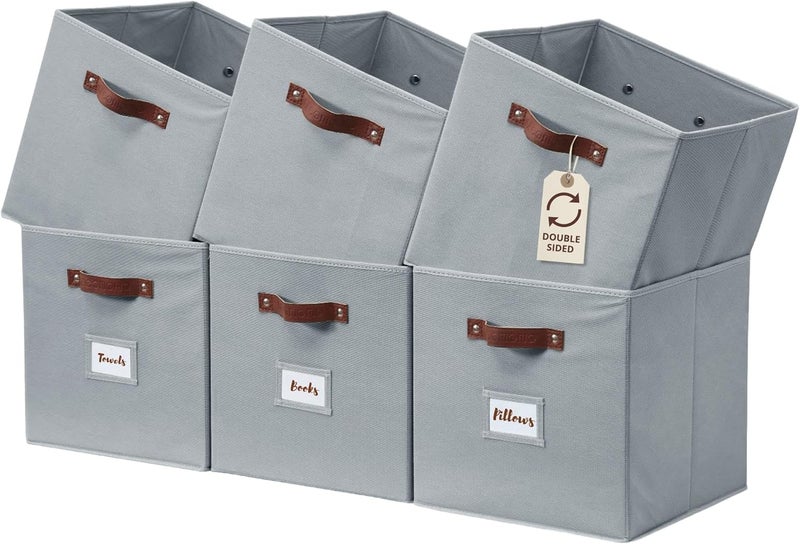 DECOMOMO Fabric Storage Cubes, Storage Bins with Labels, Baskets for Shelves Kallax Closet Toy (Cube 13" / 6pcs, Grey) - Image 1