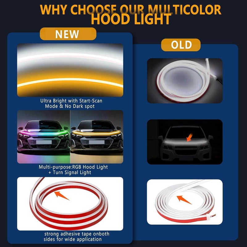بيلونججو شريط إضاءة غطاء المحرك RGB، 70 بوصة، أضواء تشغيل نهارية ديناميكية LED، أضواء إشارة انعطاف متسلسلة متعددة الألوان ديناميكية المسح عند بدء التشغيل للسيارات والشاحنات وسيارات الدفع الرباعي - تحكم بالتطبيق ومقاومة للماء - Image 5