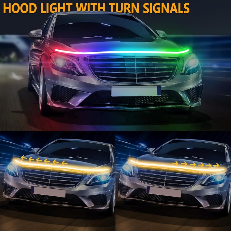 بيلونججو شريط إضاءة غطاء المحرك RGB، 70 بوصة، أضواء تشغيل نهارية ديناميكية LED، أضواء إشارة انعطاف متسلسلة متعددة الألوان ديناميكية المسح عند بدء التشغيل للسيارات والشاحنات وسيارات الدفع الرباعي - تحكم بالتطبيق ومقاومة للماء - Image 2
