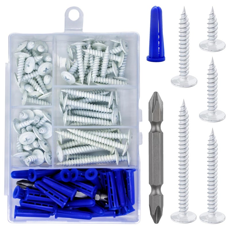 Wensilon (95 pcs)#8 White Truss Head Wood Screws Quick Metal Self Tapping Zinc Oxide with Drywall Plastic Anchors Assortment Kit - Image 1