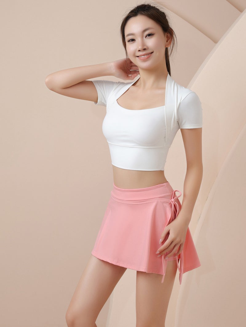 Generic Shawl Yoga Suit Female Summer Sports Short Sleeve T-Shirt Running Quick Dry Pilates Tops with Chest Mat Fitness Training Suit White