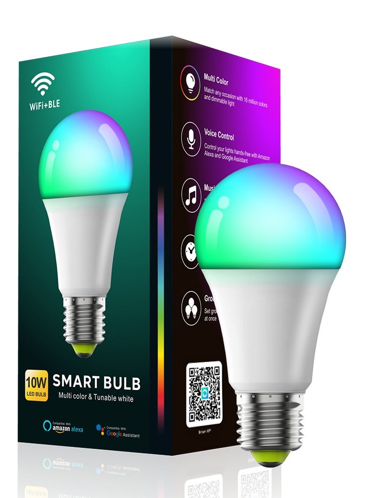 10W APP WIFI Bluetooth Control Smart LED Bulb 16Millions Colors RGB Stepless Dimmable Power Saving Light Bulb Compatible With Alexa Google Home LED Spherical Bulb For Household Bedroom KTV Room - Image 1