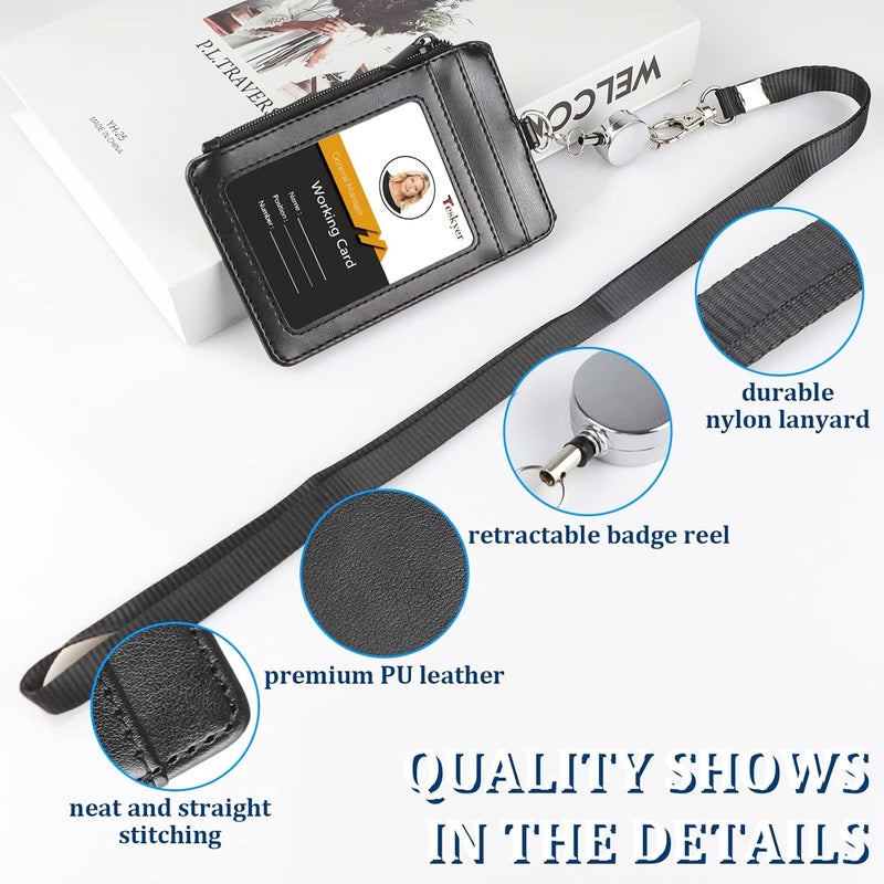 Teskyer Leather Badge Holder with Lanyard and Retractable Badge Reel, 4 Card Slots ID Card Holder with 1 Zipper Pocket for Office School Name Work IDs, Black - Image 3