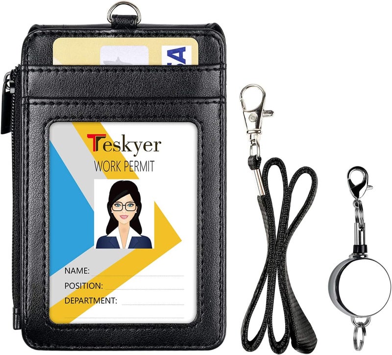 Teskyer Leather Badge Holder with Lanyard and Retractable Badge Reel, 4 Card Slots ID Card Holder with 1 Zipper Pocket for Office School Name Work IDs, Black - Image 2