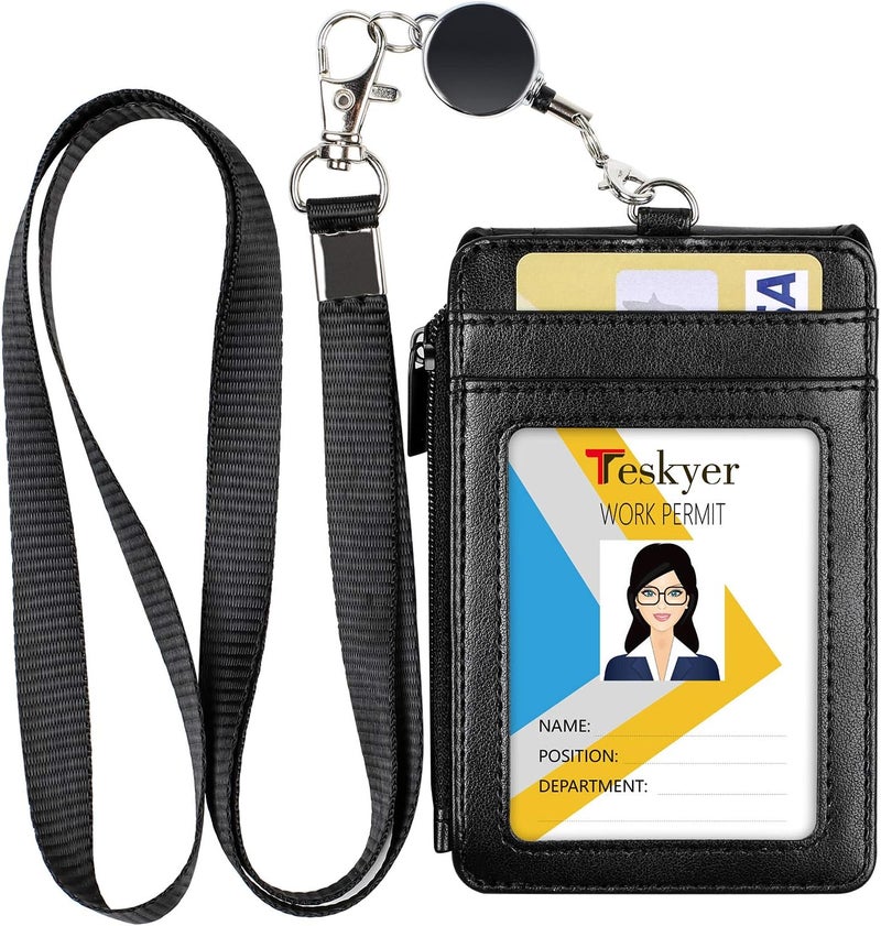 Teskyer Leather Badge Holder with Lanyard and Retractable Badge Reel, 4 Card Slots ID Card Holder with 1 Zipper Pocket for Office School Name Work IDs, Black - Image 1