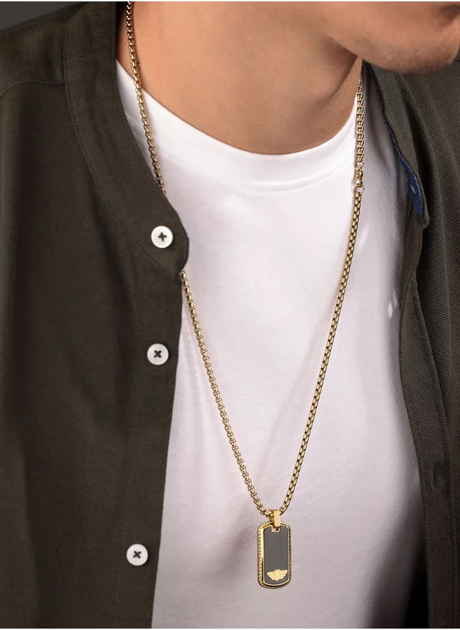 POLICE Stamp Necklace IonPlated Black Tag with Wing Logo and GoldPlated Chain For Men
