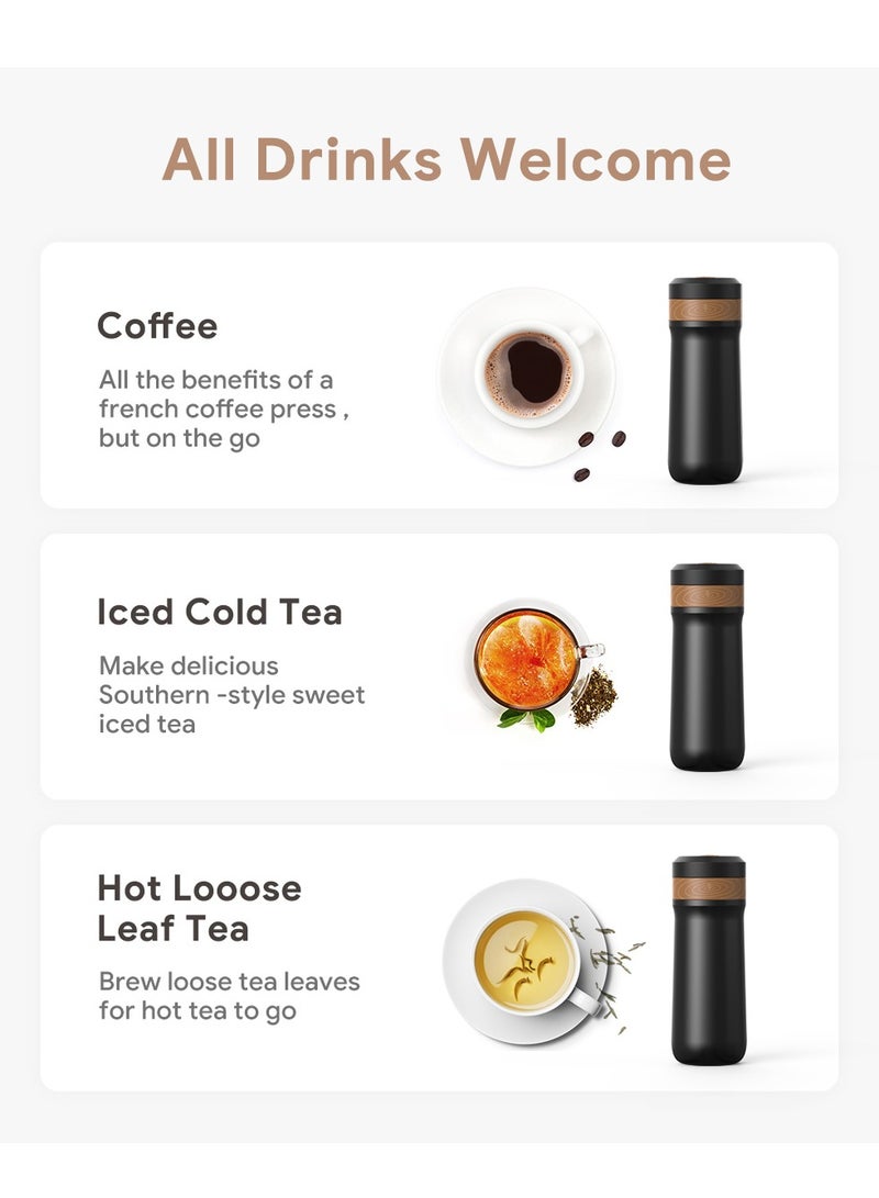 CAFELFFE French Press Coffee Maker Thermal Brewing For Coffee & Tea 12oz Travel French Press Coffee Pot Stainless Steel Insulated Coffee Mug Great For Camping and Travel