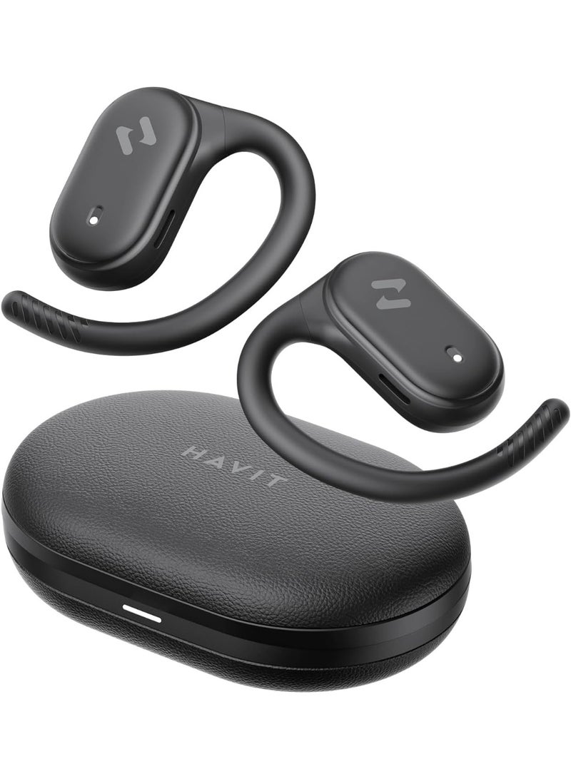 هافيت سماعات أذن مفتوحة – سماعات رياضية مرنة، بلوتوث 5.4، مع صوت فضائي مفتوح، ميكروفون مزدوج وتقنية إلغاء الضوضاء بالذكاء الاصطناعي للمكالمات، بطارية تدوم 64 ساعة، محركات ديناميكية 14.2 مم، مقاومة للماء بمعيار IPX5، شحن سريع عبر منفذ Type-C، اقتران تلقائي عبر مفتاح مغناطيسي، تصميم خفيف الوزن وثابت ومريح للجري، الجيم، التمارين، ركوب الدراجات، السفر، المكالمات والاستماع للموسيقى – أسود - Image 1