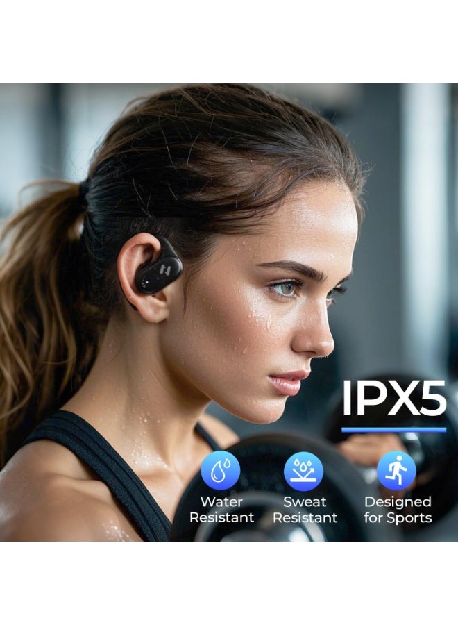 هافيت سماعات أذن مفتوحة – سماعات رياضية مرنة، بلوتوث 5.4، مع صوت فضائي مفتوح، ميكروفون مزدوج وتقنية إلغاء الضوضاء بالذكاء الاصطناعي للمكالمات، بطارية تدوم 64 ساعة، محركات ديناميكية 14.2 مم، مقاومة للماء بمعيار IPX5، شحن سريع عبر منفذ Type-C، اقتران تلقائي عبر مفتاح مغناطيسي، تصميم خفيف الوزن وثابت ومريح للجري، الجيم، التمارين، ركوب الدراجات، السفر، المكالمات والاستماع للموسيقى – أسود - Image 2