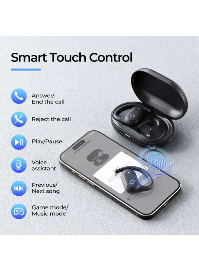 هافيت سماعات أذن مفتوحة – سماعات رياضية مرنة، بلوتوث 5.4، مع صوت فضائي مفتوح، ميكروفون مزدوج وتقنية إلغاء الضوضاء بالذكاء الاصطناعي للمكالمات، بطارية تدوم 64 ساعة، محركات ديناميكية 14.2 مم، مقاومة للماء بمعيار IPX5، شحن سريع عبر منفذ Type-C، اقتران تلقائي عبر مفتاح مغناطيسي، تصميم خفيف الوزن وثابت ومريح للجري، الجيم، التمارين، ركوب الدراجات، السفر، المكالمات والاستماع للموسيقى – أسود - Image 5