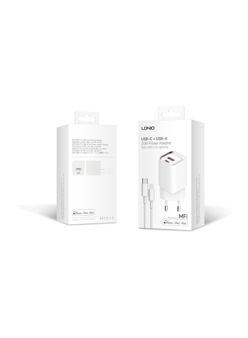 لدنيو LDNIO A2318M شاحن سريع بمنفذين معتمد من MFi، قابس الاتحاد الأوروبي مع كابل من النوع C إلى Lightning 20 وات - أبيض - Image 4