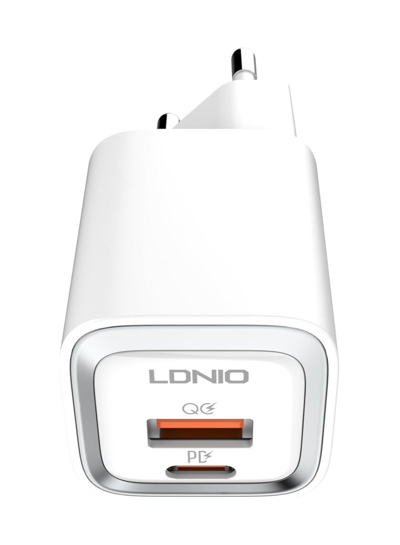 لدنيو LDNIO A2318M شاحن سريع بمنفذين معتمد من MFi، قابس الاتحاد الأوروبي مع كابل من النوع C إلى Lightning 20 وات - أبيض - Image 2