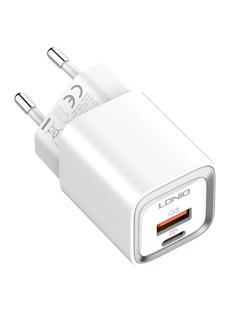 لدنيو LDNIO A2318M شاحن سريع بمنفذين معتمد من MFi، قابس الاتحاد الأوروبي مع كابل من النوع C إلى Lightning 20 وات - أبيض - Image 3