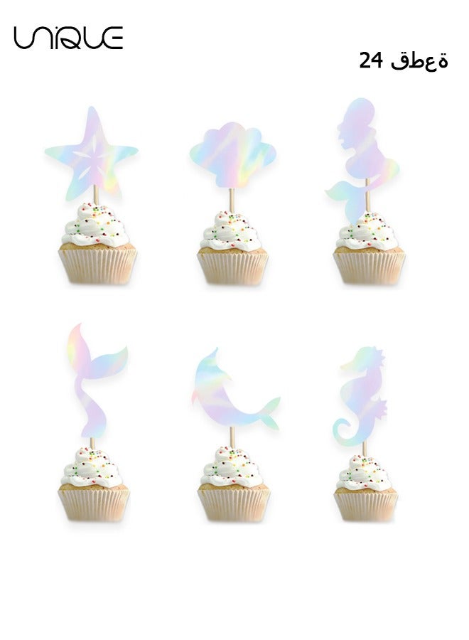 Unique 24Pcs Mermaid Theme Cupcake Topper Hat - Theme Decoration Cake Top Hat - Shell Starfish Cake Topper - Perfect for Undersea Girl Baby Shower Birthday Party Cupcake Decoration Selection - Image 1