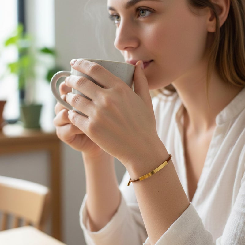 Leporem Women's Brown 18K Gold Plated Curved Bar Leather Bracelet, Adjustable Genuine Cowhide Cord Slider Wristband, Minimalist Friendship Jewelry Gift for Teen Girls, Gift Box Included (Brown) - Image 3