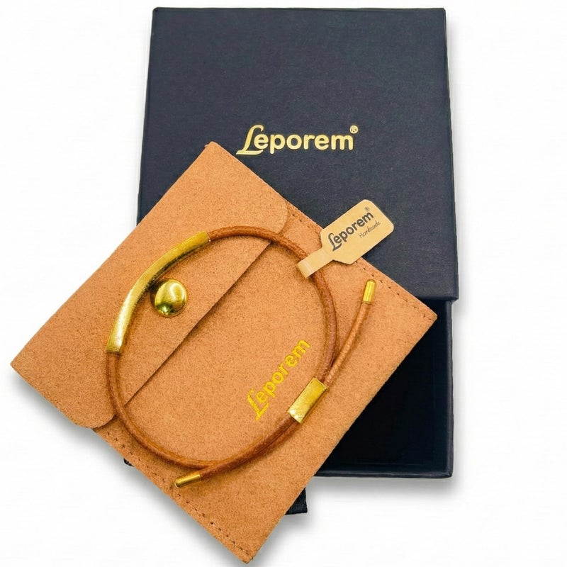 Leporem Women's Brown 18K Gold Plated Curved Bar Leather Bracelet, Adjustable Genuine Cowhide Cord Slider Wristband, Minimalist Friendship Jewelry Gift for Teen Girls, Gift Box Included (Brown) - Image 2