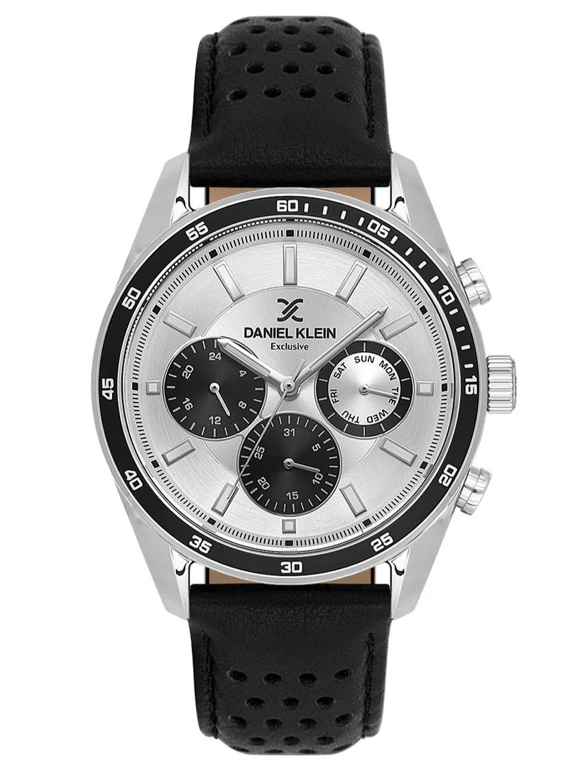 DANIEL KLEIN Men's Leather Silver Alloy Case Analog Silver Round Sunray Dial Japanese Quartz Exclusive 50 Meters Water Resistant