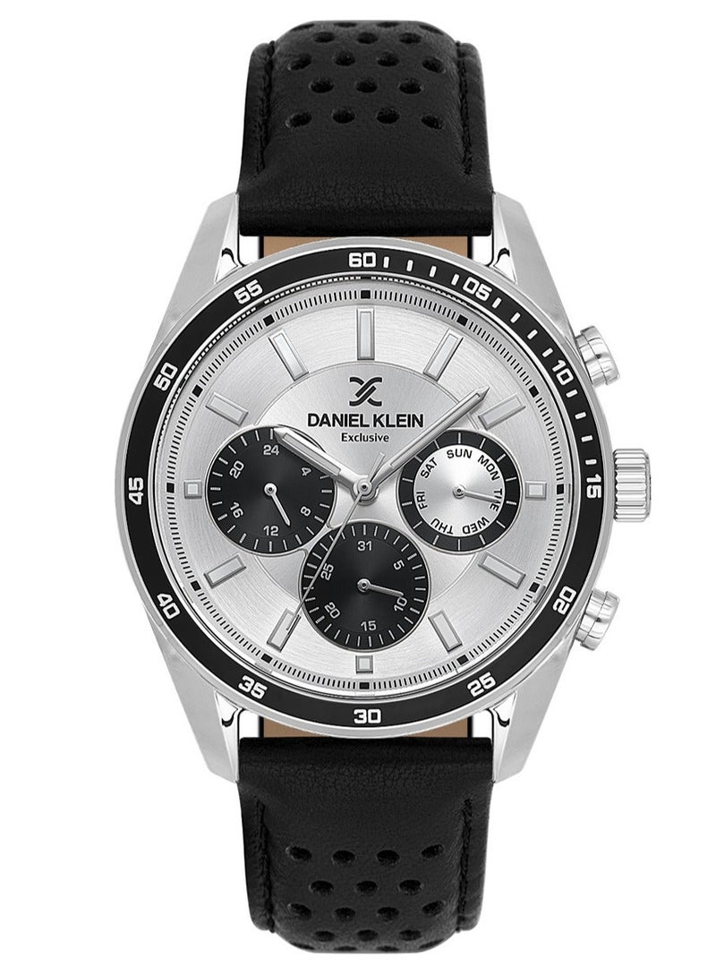 DANIEL KLEIN Men's Leather Silver Alloy Case Analog Silver Round Sunray Dial Japanese Quartz Exclusive 50 Meters Water Resistant - Image 1