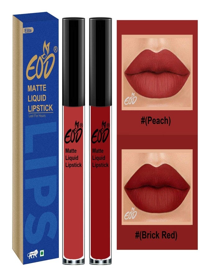 EOD® Elite Collection Long Lasting Waterproof 100% Vegan Made in India Matte Liquid Lipstick Combo of 2 Lip Gloss(Peach, Brick Red) - Image 1