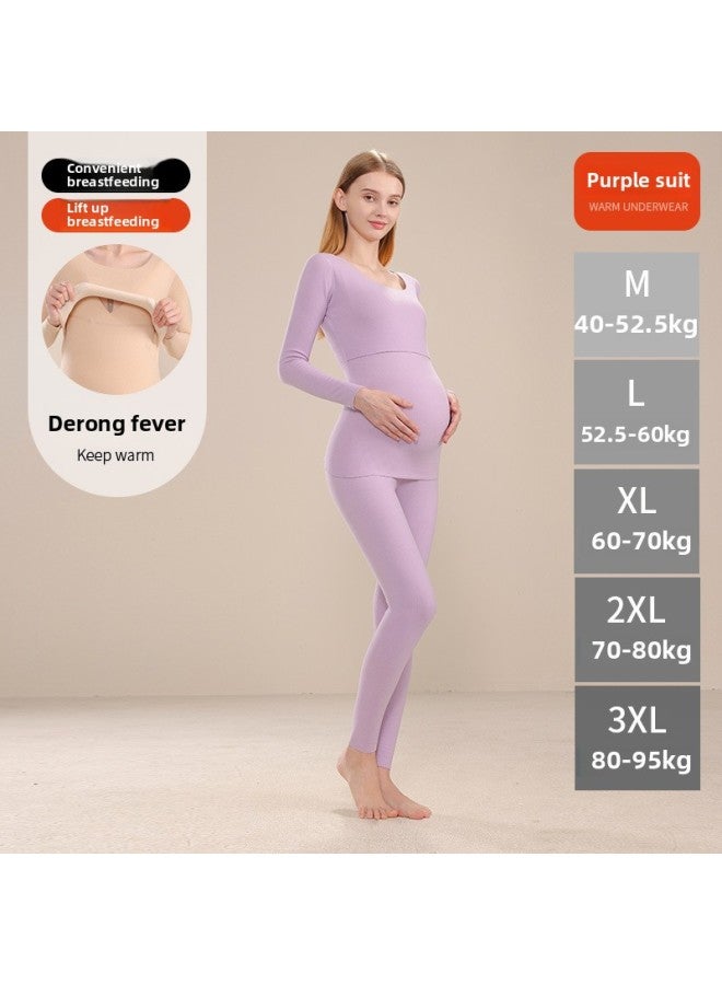 Pregnant Women's Autumn Clothes And Pants Suit Velvet Thermal Underwear Nursing Pajamas Postpartum Fleece-lined Thickened Moon Clothing Autumn And Winter 