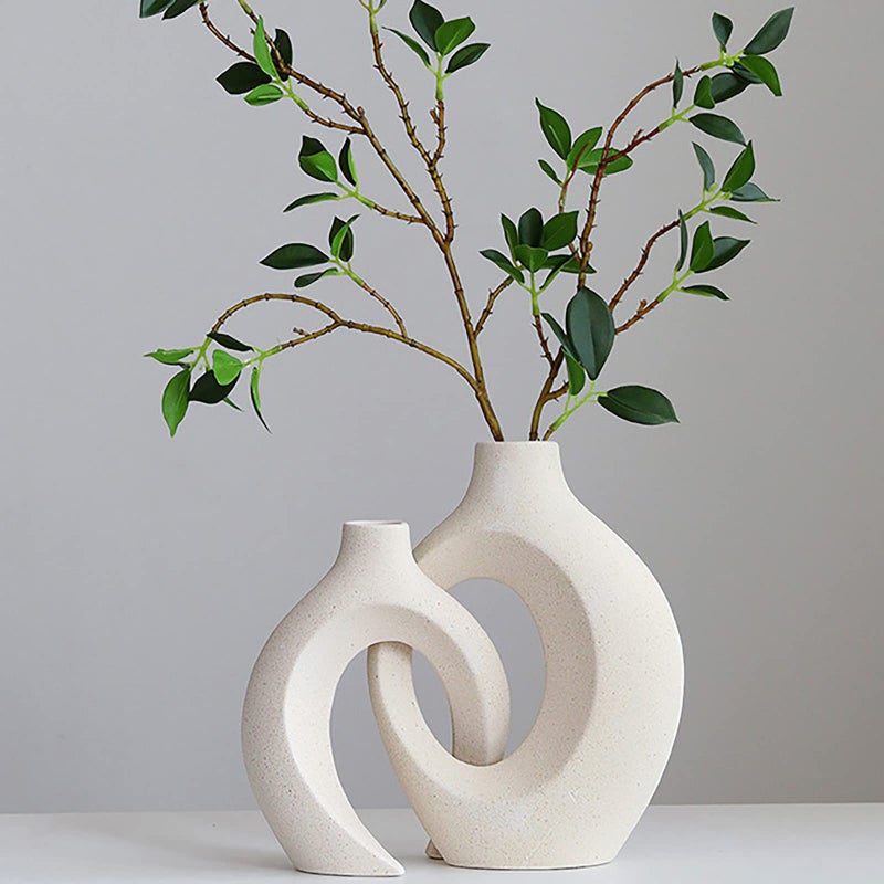 Ceramic Vase Set  2 Flower Donut Modern Vases for Home Dcor Creative White Vases Minimalism Style Decor Vase Table Vase for Living Room Entryway Bookshelf Mantel Centerpieces Shelf