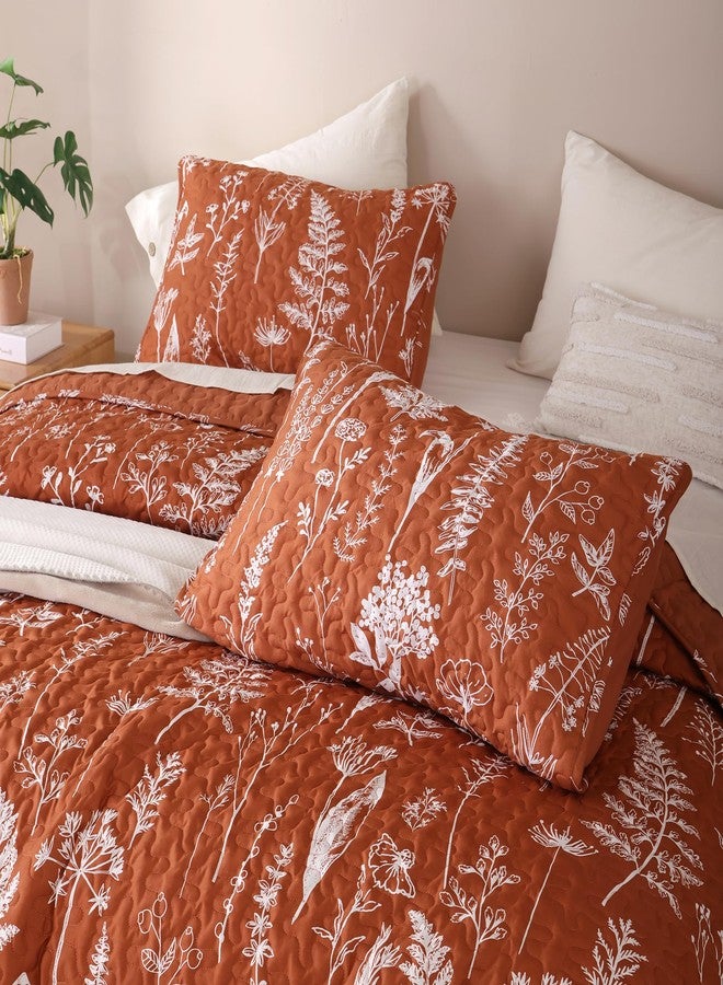 JANZAA 3 Pieces Quilt Terracotta Bed Spread Quilts Queen Size with Botanical Floral Pattern Burnt Orange Microfiber Quilts Set Lightweight Comforter Farmhouse Quilt Set 1 Queen Quilt 2 Pillow Cases - Image 3
