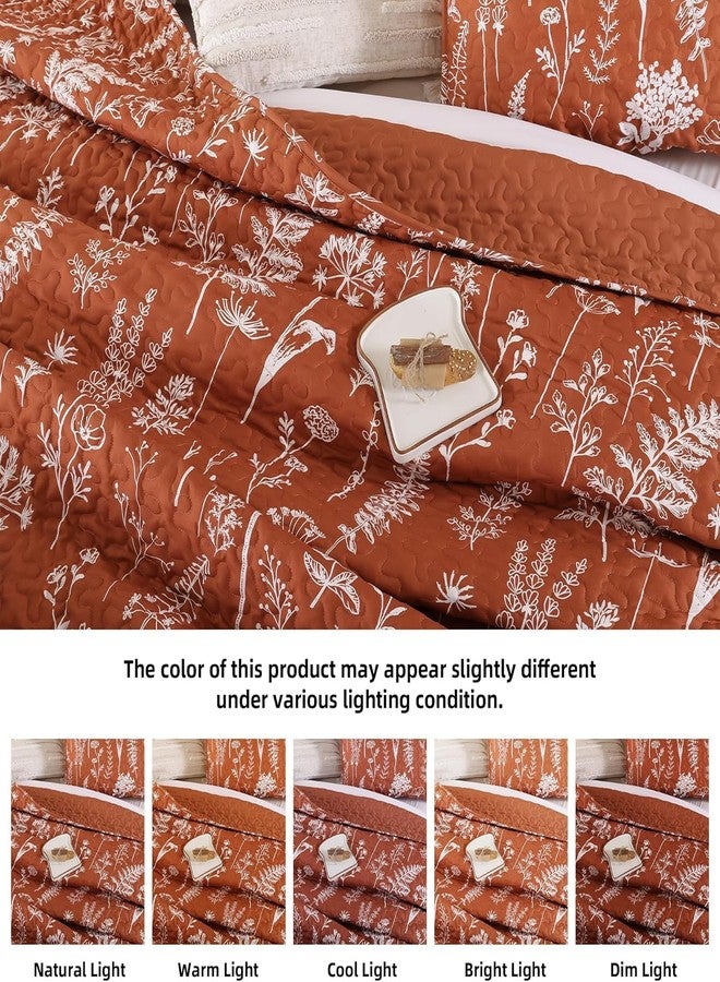 JANZAA 3 Pieces Quilt Terracotta Bed Spread Quilts Queen Size with Botanical Floral Pattern Burnt Orange Microfiber Quilts Set Lightweight Comforter Farmhouse Quilt Set 1 Queen Quilt 2 Pillow Cases - Image 4