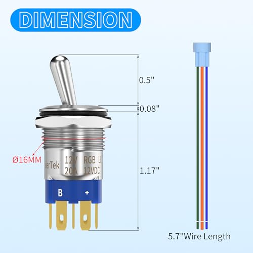 DaierTek Lighted 12V Waterproof Toggle Switch IP67 12 Volt LED RGB(RED Green Blue) 16mm Pre-Wired for Car Boat Marine -3Pack - Image 2