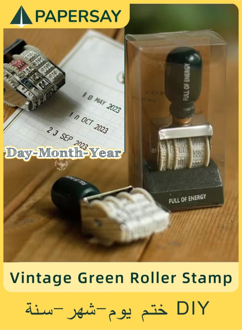 PAPERSAY Roller Date Stamp, Retro Small Date Stamper,Wooden Date Stamp Day Month Year Date, with Wooden Handle Base, for DIY Craft Card Making Planner Scrapbooking, Office Stamps.( Vintage Green)  - Image 1
