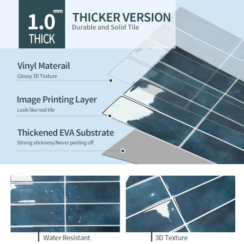 DAGOU Peel and Stick Backsplash 3D Wall Tiles,Self-Adhesive,Oil Proof,Waterproof, Removable Wall Panels for Kitchen & Bathroom,Modern Design, Easy Install (10.7ft，12x9 inch,14 Pack) (Blue) - Image 3