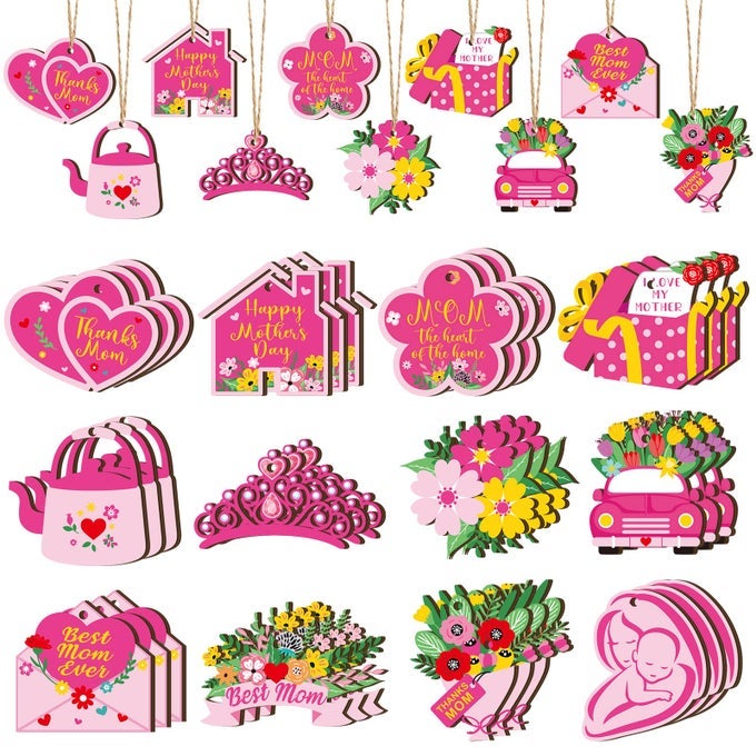 36 MOTHERS DAY HANGING ORNAMENTS WOODEN MOTHERS DAY DECORATIONS RUSTIC MOM WOOD CUTOUT WITH ROPE FLOWER CUPCAKE CROWN MINI SIGNS MOTHERS DAY DECOR FOR SMALL TREE WOMEN BIRTHDAY PARTY HOME