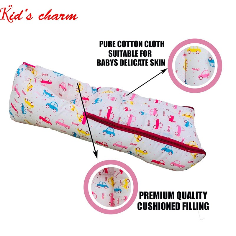 Kid's Charm Kids Charm Car Mega 3 in 1 Babys Cotton Bed Cum Carry Bed Printed Baby Sleeping BagBaby BedInfant Portable for Unisex Easily Portable Light Weight Carry for New Born 48 Months Old Pink - Image 4