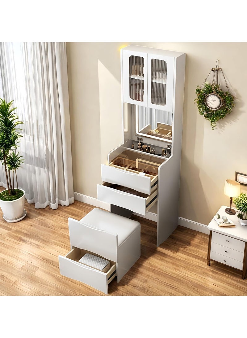 Organized Home Compact Makeup Vanity Desk with Flip Top Mirror LED Light Glass Top 3 Storage Drawers Top Storage Cabinet and Hidden Stool for Bedroom Small Space - Image 1
