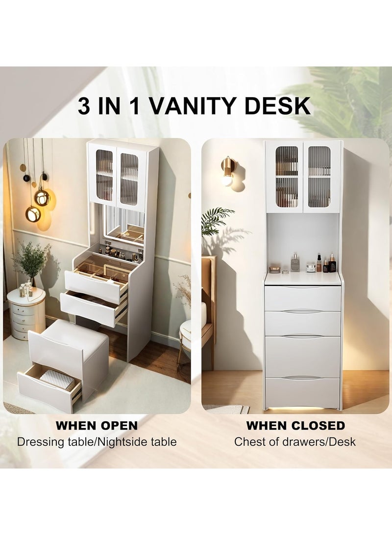 Organized Home Compact Makeup Vanity Desk with Flip Top Mirror LED Light Glass Top 3 Storage Drawers Top Storage Cabinet and Hidden Stool for Bedroom Small Space - Image 3