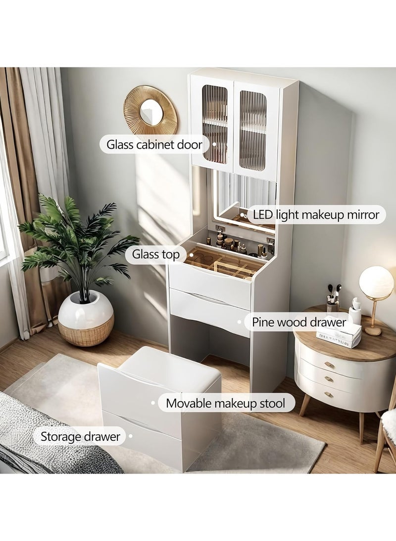 Organized Home Compact Makeup Vanity Desk with Flip Top Mirror LED Light Glass Top 3 Storage Drawers Top Storage Cabinet and Hidden Stool for Bedroom Small Space - Image 4