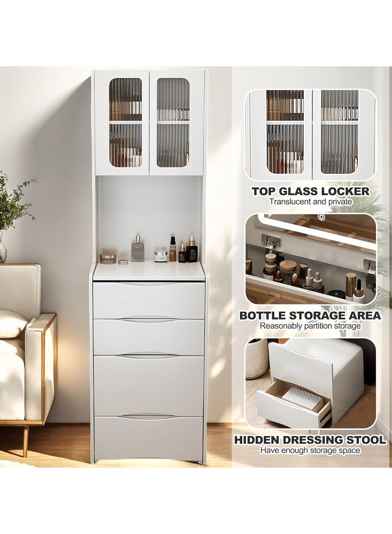 Organized Home Compact Makeup Vanity Desk with Flip Top Mirror LED Light Glass Top 3 Storage Drawers Top Storage Cabinet and Hidden Stool for Bedroom Small Space - Image 5