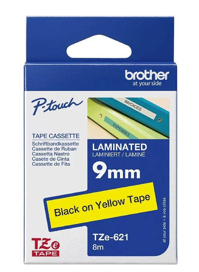 بروذر Brother P-touch 9mm TZe-621 Laminated Tape, 8m, Black on Yellow - Image 1